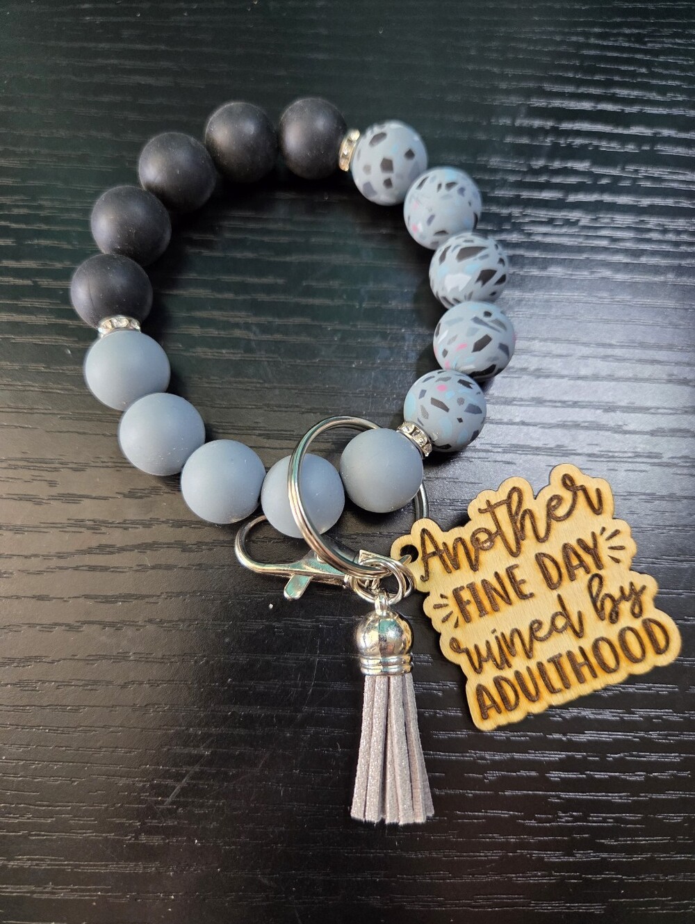 Beaded Wrist Key Ring with Grey Tassel and Wood Charm